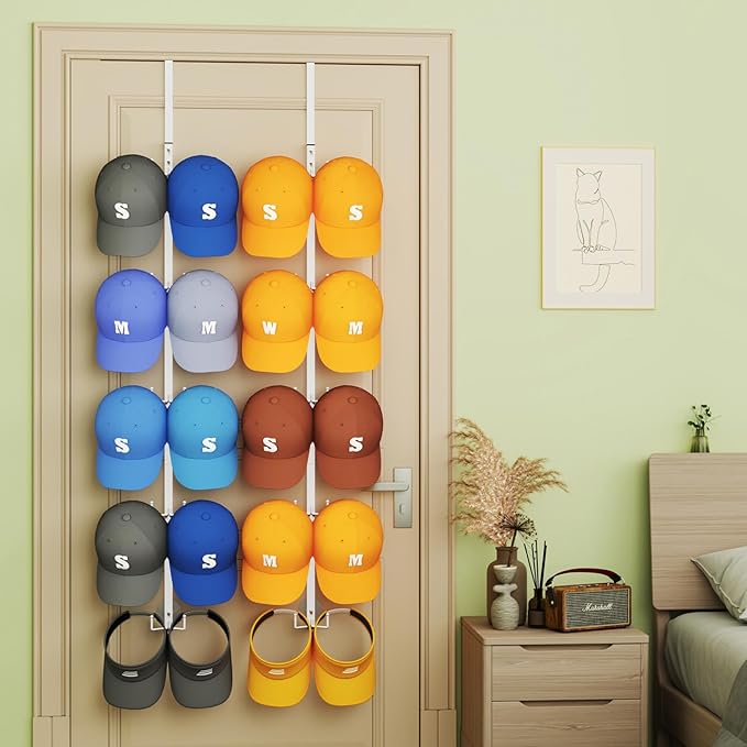 SWTYMIKI Over Door Hat Organizer - 2 Packs Metal Wall Mounted Hat Rack with 5-Tier Dual Hooks Design, Hanging Baseball Cap Organizer Storage Holds up to 40 Caps for Door, Bedroom, Closet(White)