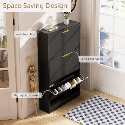 LYNSOM Shoe Cabinet Set of 2, Free Standing Tipping Bucket Shoe Rack Organizer with 3 Flip Drawers, Modern Entryway Shoe Storage with Top Display, Narrow Slim Hidden Shoe Cabinet (Black)