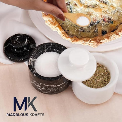 MARBLOUS KRAFTS Marble Salt Cellar with Lid 3" White and Black Zebra Spice Jar For kitchen Counter Stone Salt Container and Salt, Pepper Bowls, Perfect Mother’s Day Gift