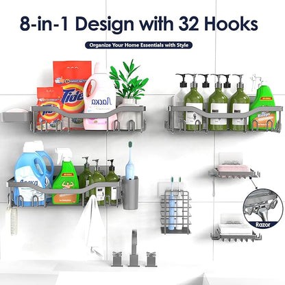 NESOMI Shower Caddy Adhesive Shower Organizer 8-Pack, Rustproof Stainless Steel Bathroom Shelves, Large Capacity No-Drill Rack Storage Accessories with Soap Dish Toothbrush Holder Hooks