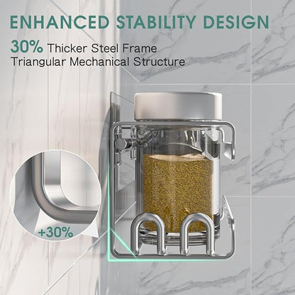 LUCYCAZ 2 Pack Wall Mounted Spice Rack with 8 Hooks, Spice Organizer Shelf for Stove Cabinet Pantry Door,Screw or Adhesive Spice Shelf Hanging Wall Spice Rack in Kitchen and RV (Silver, 2 PACK)