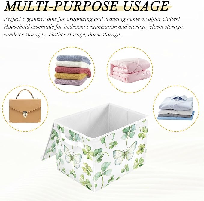 senya St. Patrick's Day Baskets Collapsible Storage Bins with Lids, Green Watercolor Butterfly Clover Storage Boxes Clothes Baskets for Organizing
