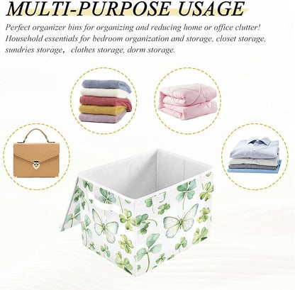 senya St. Patrick's Day Baskets Collapsible Storage Bins with Lids, Green Watercolor Butterfly Clover Storage Boxes Clothes Baskets for Organizing