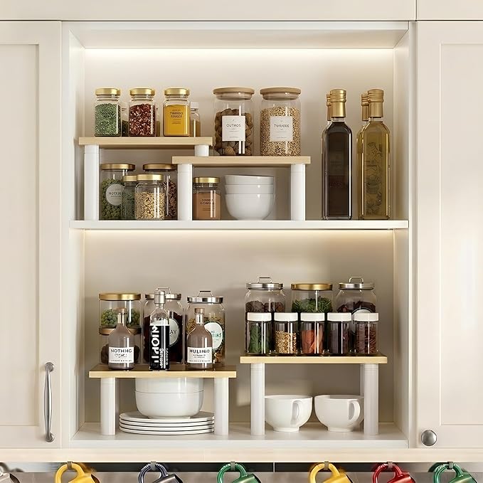 Cabinet Organizer Shelf, 2 Tier Countertop Spice Rack for Kitchen Counter, Seasoning Organizer with Wood-Grain Shelves, Kitchen Countertop Organizer for Spices, Sauces and Small Items (4 Pcs, Light)