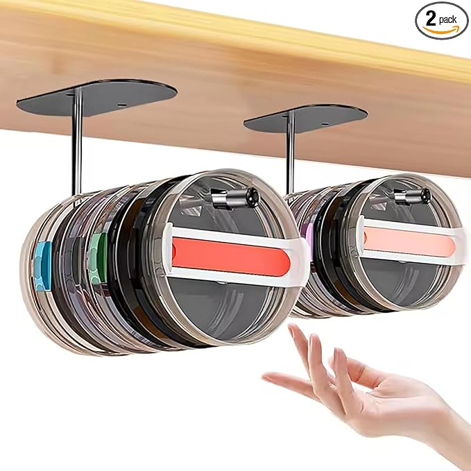 2 Pack Tumbler Lid Organizer,Space Saving Cup Lid Organizer for Yeti Tumbler/Stanley Tumbler/Simple Modern Tumbler Lids,Self-Adhesive Lid Hook for Kitchen Organizers and Storage(Black/Silver)