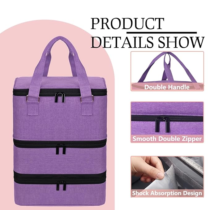 FCQQYWZ Large Nail Polish Organizer Case Hold 84+ Bottles Nail Polish & Nail Lamp, 3 Layers Nail Organizers and Storage for Nail Tech with Divider, Travel Carrying Case(Purple)