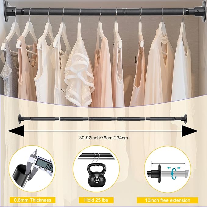 Closet Rod, 30 to 92 inch Adjustable Closet Rods for Hanging Clothes, Heavy Duty Closet Hanging Rod, Black Closet Hanger Poles, Metal Closet Hanging Bar for Wardrobes Laundry, Drilling Installation