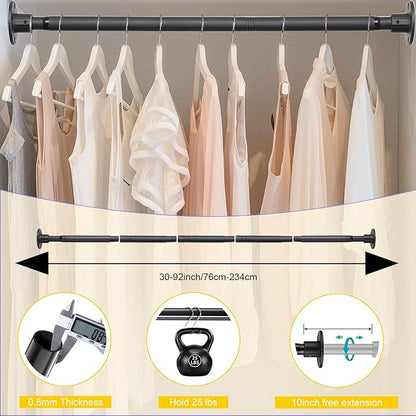 Closet Rod, 30 to 92 inch Adjustable Closet Rods for Hanging Clothes, Heavy Duty Closet Hanging Rod, Black Closet Hanger Poles, Metal Closet Hanging Bar for Wardrobes Laundry, Drilling Installation