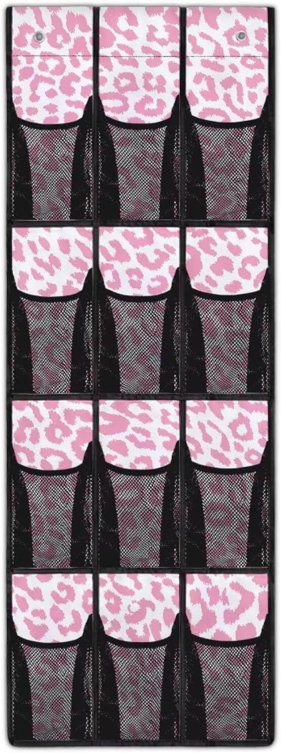 12-Pocket Waterproof Door Hanging Storage Bag Oxford Fabric Foldable and Designed for Bathroom Closet or Bedroom Organization, Pink Leopard Print