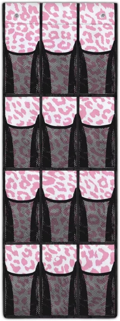 12-Pocket Waterproof Door Hanging Storage Bag Oxford Fabric Foldable and Designed for Bathroom Closet or Bedroom Organization, Pink Leopard Print