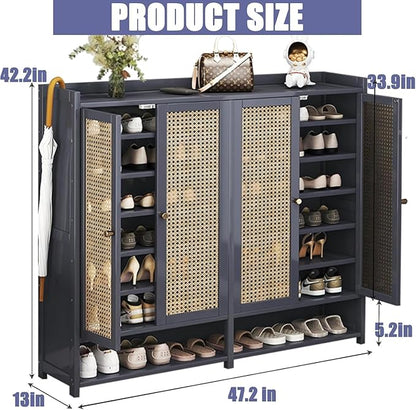8 Tier Bamboo Shoe Cabinet - Large Capacity Shoe Cabinet with Doors, 40-45 Pairs Shoe Rack, Free Standing Shoe Rack,Entrance for Hallway Living Room (Grey1)
