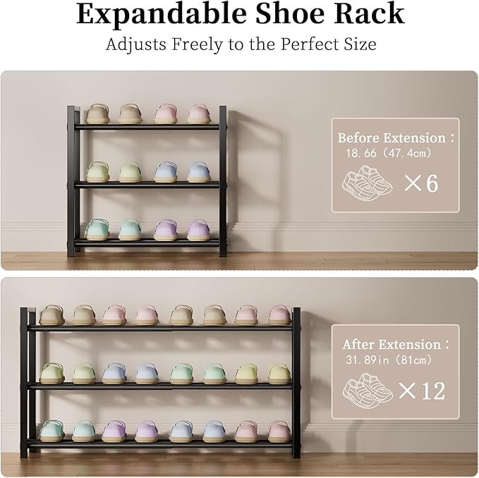 EKETE Expandable Shoe Rack,Adjustable and Stackable 3-Tier Shoe Rack Organizer, Shoe Rack for Closet,Small Shoe Rack,Metal Free Standing Shoe Rack for Entryway,Hallway,Closet Shoe Storage