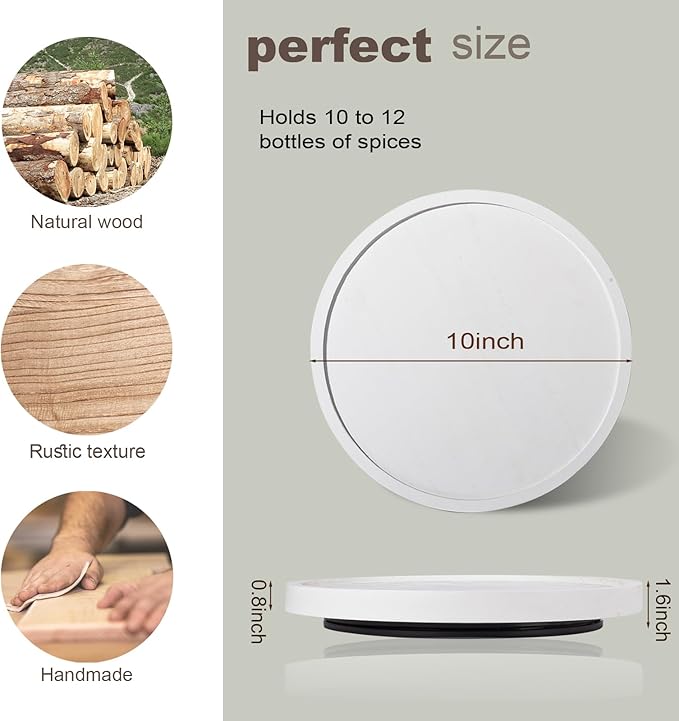 Wood Lazy Susan Organizer Kitchen Turntable for Cabinet Farmhouse Bathroom Decor Round Decorative Tray for Vanity, Counter, Sink, Coffee Table, 10 Inch, White