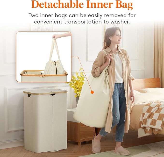 Lifewit 170L Double Laundry Hamper with Lid, Large Laundry Basket with Removable Bag & Bamboo Handles, Fodable Tall Dirty Clothes Hamper for Laundry Collapsible Bin for Bathroom Bedroom Dorm, Beige