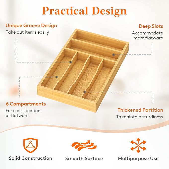 Lifewit Silverware Drawer Organizer, Utensil Tray for Kitchen, Flatware and Cutlery Holder, Storage for Spoons Forks Knives, 25 x 39cm, Natural