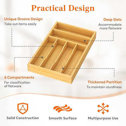 Lifewit Silverware Drawer Organizer, Utensil Tray for Kitchen, Flatware and Cutlery Holder, Storage for Spoons Forks Knives, 25 x 39cm, Natural