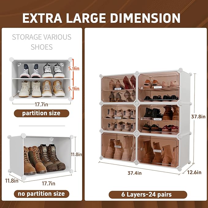 MAGINELS 6-Tier Shoe Rack,Expandable Plastic Shoe Cabinet. Shoe Storage with Door,Entryway, Closets, Hallway, and Bedroom.Accommodates Up to 24 Pairs of Shoes.Grey (6 Tier 24 Pairs（White）)