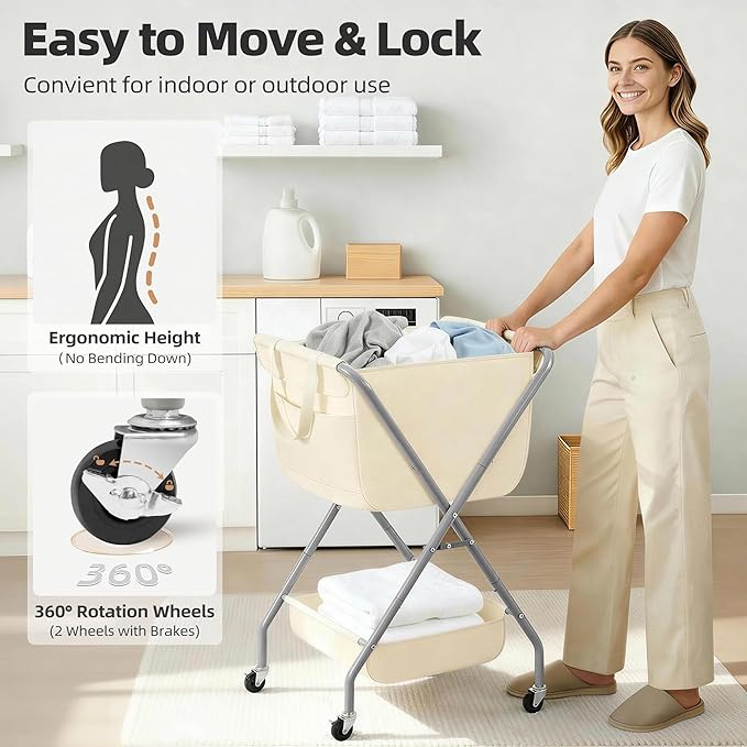 STORAGE MANIAC Collapsible Laundry Cart with Wheels 35.6"H Removable Canvas Bag Rolling Laundry Hamper Clothes Basket with Wheels, Sturdy Steel Frame Folding for Small Narrow Space Easy Storage, Beige