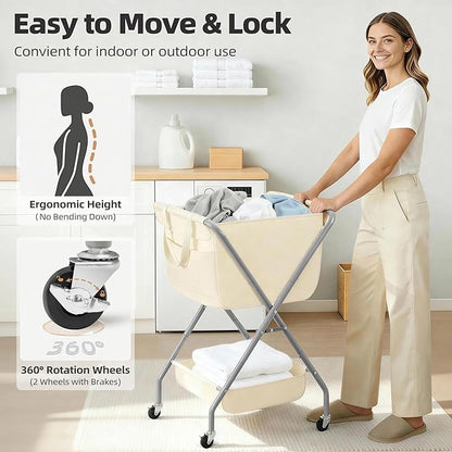 STORAGE MANIAC Collapsible Laundry Cart with Wheels 35.6"H Removable Canvas Bag Rolling Laundry Hamper Clothes Basket with Wheels, Sturdy Steel Frame Folding for Small Narrow Space Easy Storage, Beige