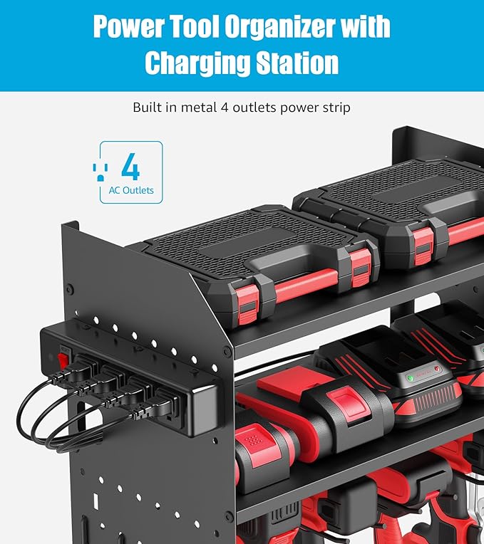 CCCEI Modular Power Tools Organizer Charging Station, Drills and Battery Storage Wall Mount, Garage Shop Organization, Anniversary, Birthday, Gifts for Men, Father, Black, 1 Pack.