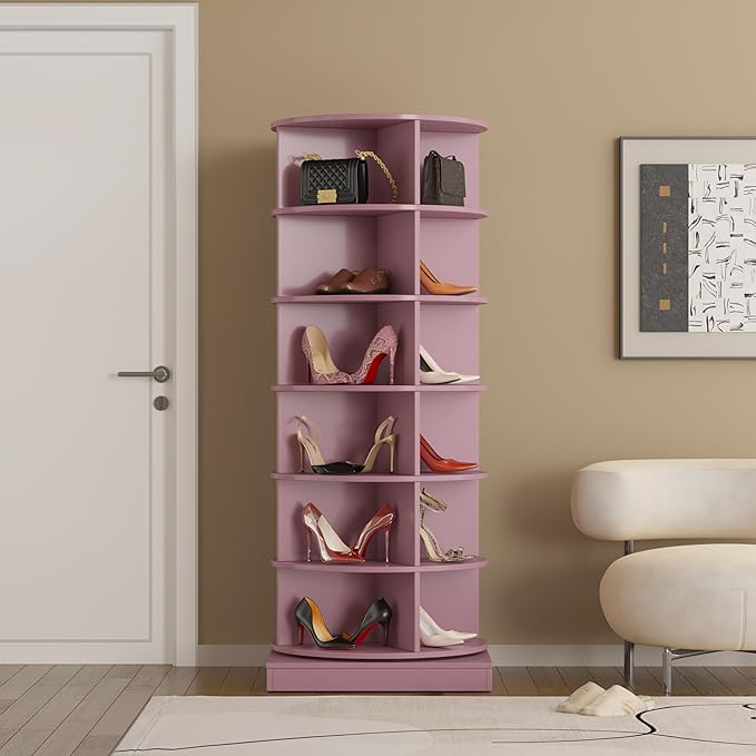 Rotating Shoe Rack Tower, 6-Tier Spinning Shoe Rack, Free Standing 360° Revolving Shoe Organizer Can Hold 24 Pairs of Shoes for Entryway Living Room Hallway (6-Tier, Pink)