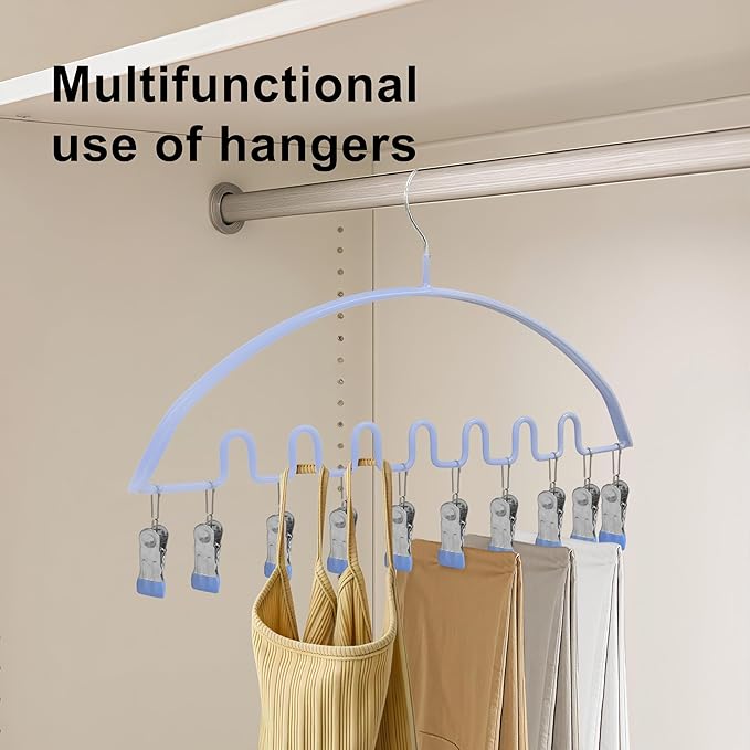 Legging Organizer for Closet,Metal Wave Design Pants Hanger with 10 Clips 7 Hooks, Closet Storage for Pants, Skirts, Hats (Blue, 1Pack)