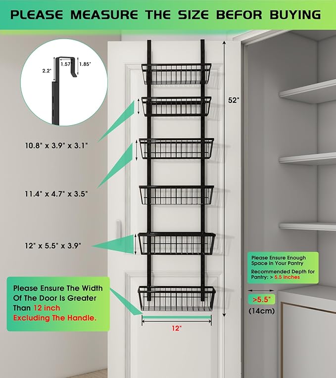 Mefirt 12 Inch Wide Narrow Over The Door Pantry Organizer, Pantry Organization and Storage, Black Metal Hanging Deep Basket Wall Spice Rack Seasoning Shelves, Home & Kitchen Essentials, Apartment