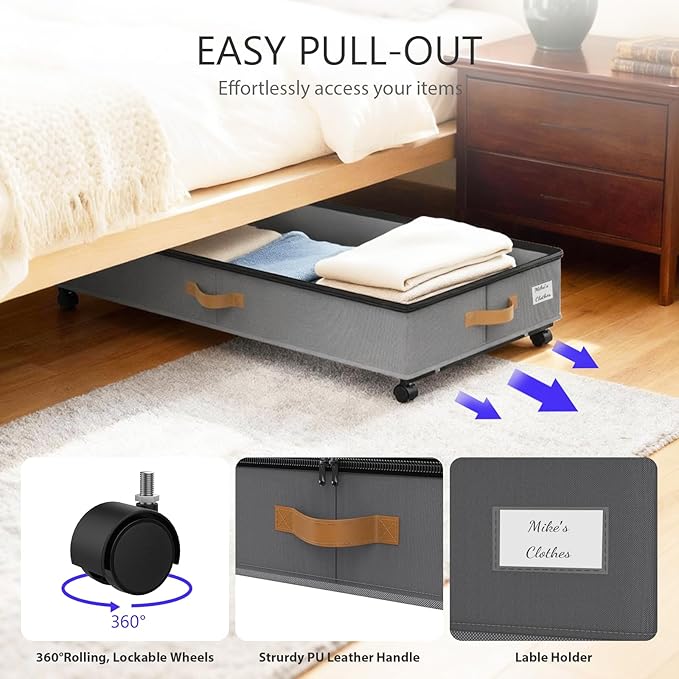 Under Bed Storage with Wheels 2-Pack, 75L XXL Under the Bed Storage Containers Large, 12" Tall Adjustable Storage for Underbed with Lids, Rolling for Clothes, Shoes, Blankets (Grey)