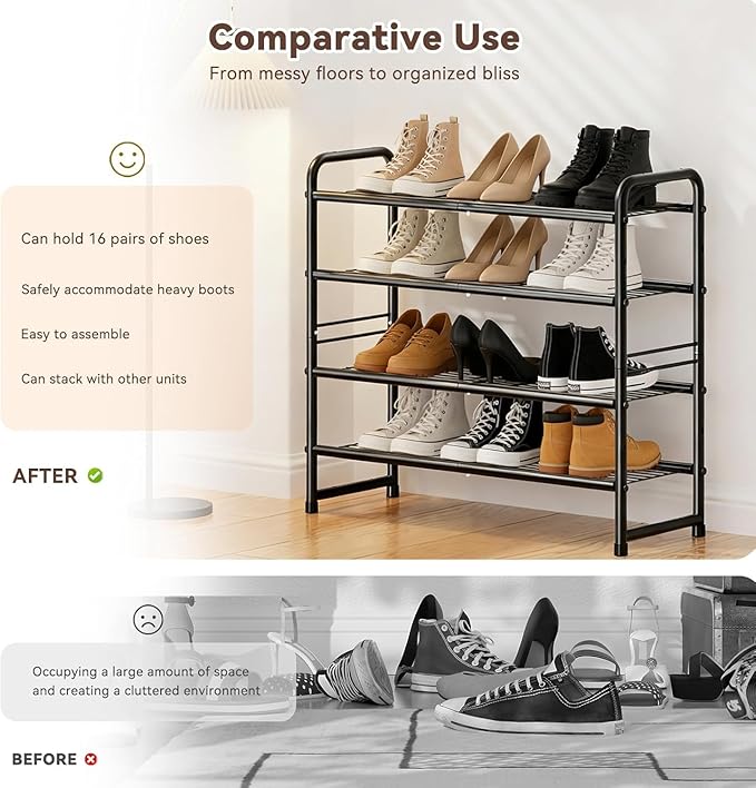 Standard Shoe Rack 4-Tier 32.5 Inches Wide, Free Standing Shoe Organizer for Indoor Outdoor | Adjustable Heavy-Duty Metal Shelf Ideal for Home Entryway Closet & Garage Balcony | Black