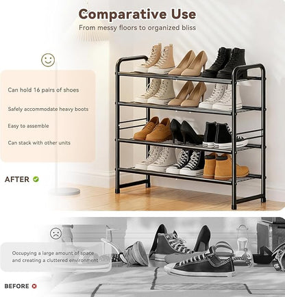 Standard Shoe Rack 4-Tier 32.5 Inches Wide, Free Standing Shoe Organizer for Indoor Outdoor | Adjustable Heavy-Duty Metal Shelf Ideal for Home Entryway Closet & Garage Balcony | Black