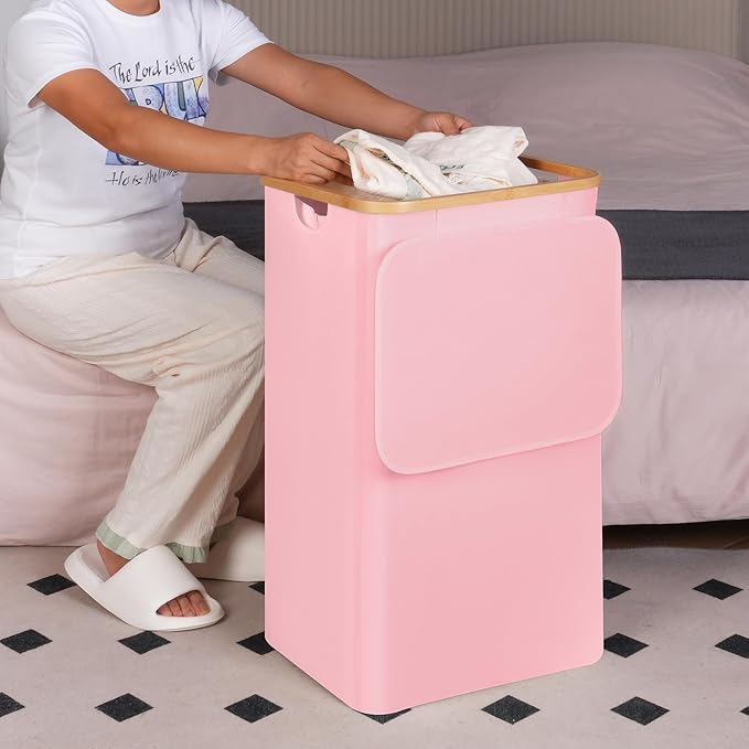efluky 26 Gal Laundry Basket with Lid and Net Bag, Tall Laundry Hamper with Bamboo Handles, Aesthetic Dirty Clothes Bin for Laundry Room, Bathroom, Bedroom and Dorm, Pastel‌