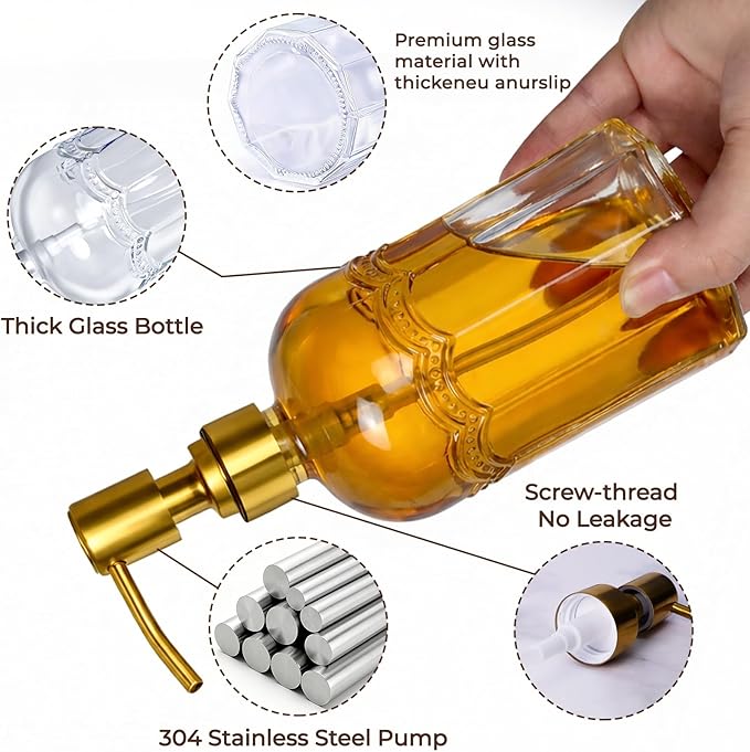 Coffee Syrup Dispenser Set of 4, 13.5 oz (400ml) Glass Bottles with Antique Bronze Stainless Steel Pump, Coffee Bar Syrup Pump Dispensers with Funnel, Cleaning Tools & Tags