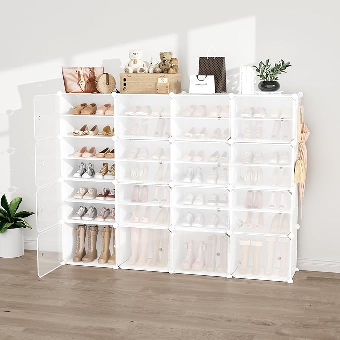 Portable Shoe Rack Organizer with Door, 64 Pairs Shoe Storage Cabinet Easy Assembly, Plastic Adjustable Shoe Storage Organizer Stackable Detachable Free Standing DIY Expandable 8 Tier White