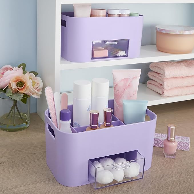 STORi Bliss Lilac Purple Makeup Organizer for Countertop, Divided Bathroom Organizer & Storage Drawer, Makeup Brush Holder, Cosmetic & Nail Polish Organizer, Made in USA