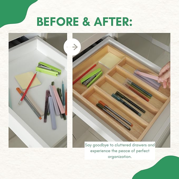 Rubber Wood Silverware Organizer for Drawer - [15"L x 11"W x 2"H] Utensil Tray, 5 Compartment Flatware Holder, Multi-Purpose Kitchen Drawer Organizer for Utensils, Stationery & Hand Tools
