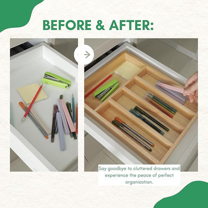 Rubber Wood Silverware Organizer for Drawer - [15"L x 11"W x 2"H] Utensil Tray, 5 Compartment Flatware Holder, Multi-Purpose Kitchen Drawer Organizer for Utensils, Stationery & Hand Tools