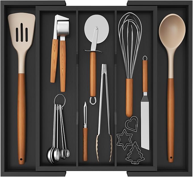 Lifewit Utensil Organizer for Kitchen Drawer, Expandable Cooking Utensil Tray, Cutlery Silverware Flatware Holder, Wood Adjustable Spatula Tools Storage Divider, 13-22x15/ 33-56x38cm, Black