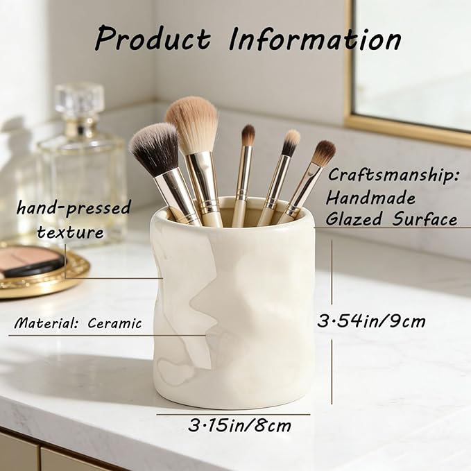 Premium Ceramic Makeup Brush Holder - Weighted & No-Tip Organizer with Easy-Clean Glaze, Vanity Storage for Brushes, Elegant Bathroom & Dresser Tabletop Decor An ideal gift for women (beige)