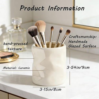 Premium Ceramic Makeup Brush Holder - Weighted & No-Tip Organizer with Easy-Clean Glaze, Vanity Storage for Brushes, Elegant Bathroom & Dresser Tabletop Decor An ideal gift for women (beige)