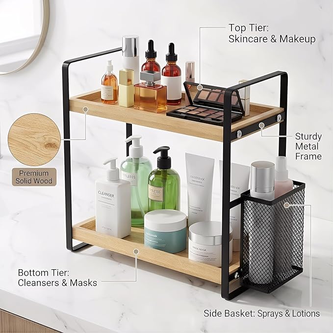 LEMIKKLE 2-Tier Wood Bathroom Counter Organizer with Basket,Waterproof Vanity Perfume Skincare Storage for Bathroom, Kitchen, Dresser