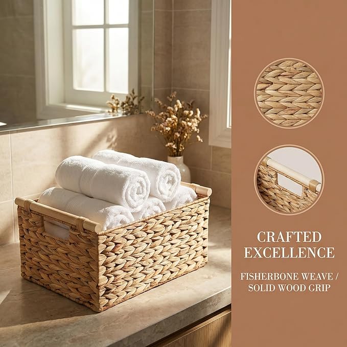 Natural Water Hyacinth Storage Baskets for Organizing Small Wicker Baskets With Handles, Woven rectangle Baskets for Storage Baskets for Shelves, Large Rectangular Towel Basket