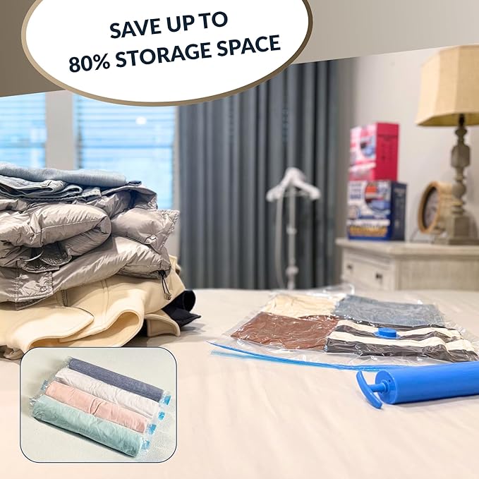 35 Pack Vacuum Storage Bags with Hand Pump, Compression Space Saver for Comforter, Bedding, Blanket Storage, Vacuum Seal Bags for Clothing, Travel Luggage Suitcase and Closet Organizer