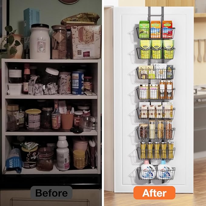 8 Tier Over the Door Pantry Organizer, Over the Door Spice Rack with Adjustable Baskets, Metal Hanging Door Pantry Organizers and Storage for Kitchen Bathroom Bedroom, Black