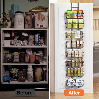 8 Tier Over the Door Pantry Organizer, Over the Door Spice Rack with Adjustable Baskets, Metal Hanging Door Pantry Organizers and Storage for Kitchen Bathroom Bedroom, Black