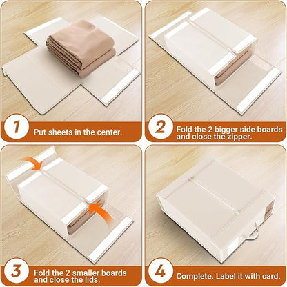 StorageTastic 6 Pack Bed Sheet Closet Organizers and Storage,Sturdy Foldable Storage Containers with Window and Label,Storage and Organization for Bedding Sheets,Duvet Covers,Blankets (Beige)