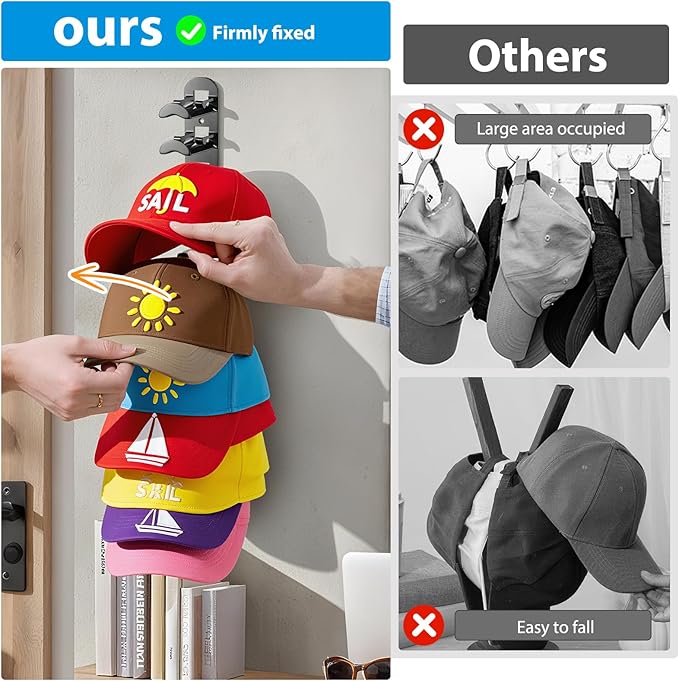 2 Pack Hat Hook Organizer for Baseball Caps, Hat Hanger Holder for 20 Caps, Wall Hat Rack with Strong Adhesive, Multilayer Cap Storage Hooks for Closet Door and Bedroom (Style B-Black)