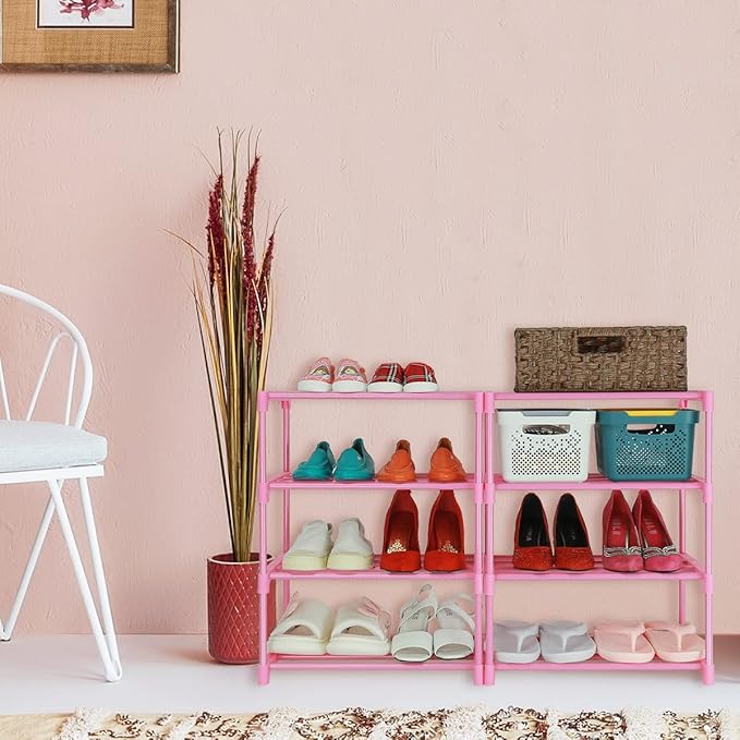 LNYZQUS Small Kids Shoe Rack, 4 Tier Pink Shoe Organizer Shoe Shelf for Closet,Stackable Narrow Shoe Stand Slim Zapateras Organizer,Cute Toddler Shoe Rack Floor for Women & Girls-Full Pink