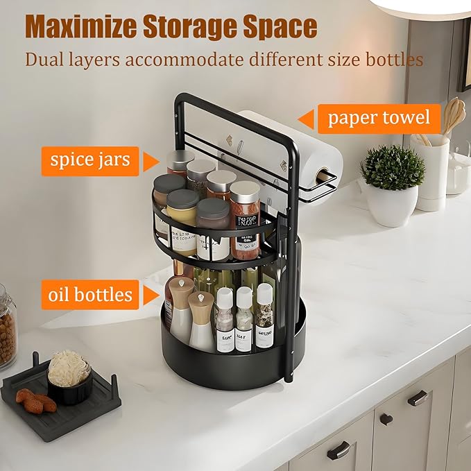 JEESA Rotating Spice Rack with Paper Towel Holder, 2 Tier Lazy Susan for Spices, Sturdy Iron Seasoning Organizer for Kitchen Countertop, Black