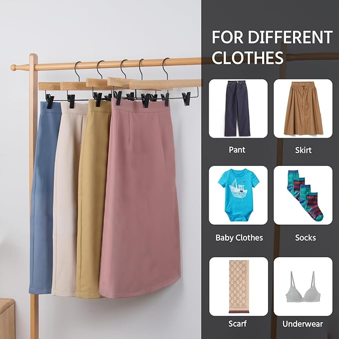 Nature Smile Deluxe Wooden Pants Hangers,Solid Rubber Wood Jeans Skirt Hanger with Blacak Hook Pack of 20(Natural Varnished)