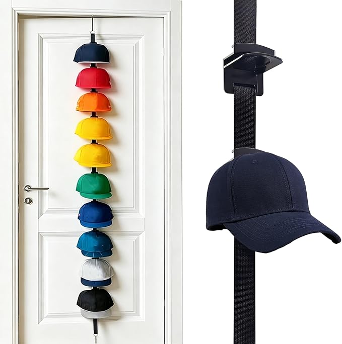 Over-the-Door Hat Rack Organizer with Clips,Hat Holder for Door,Hat Organizer for Baseball Caps,Adjustable No-Drill Anti-Drop Hat Storage with Display Hooks for Bedroom, Dorm or Doors